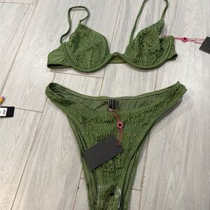 Olive Green Smocked Two-Piece Bikini Set